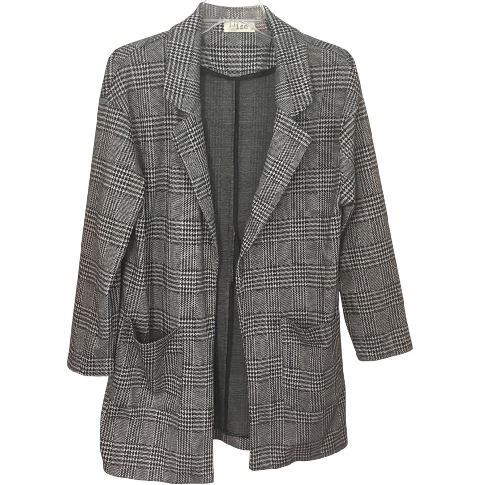 C'isa Womens Plaid Blazer Jacket  Black‎ Gray white Medium Career Office Casual